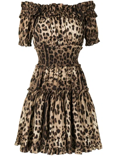 Dolce & Gabbana Mini Off-the-shoulder Ruching Dress With Puff Sleeves - Size 40 In Brown