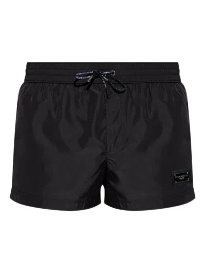 Dolce & Gabbana Short Beach Boxer Shorts Made Of Lightweight Nylon With Metal Logo Plaque In Black