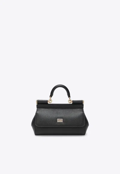 Dolce & Gabbana Mini Sicily Dauphine Leather Handbag In Black