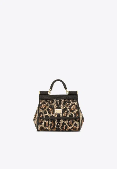 Dolce & Gabbana Mini Sicily Leopard Print Top Handle Bag In Brown