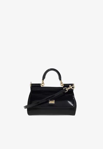 Dolce & Gabbana Mini Sicily Polished Leather Top Handle Bag In Black