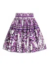 Dolce & Gabbana Violet Pleated Miniskirt With Rear Zip Closure And All-over Graphic Print In Cotton Woman