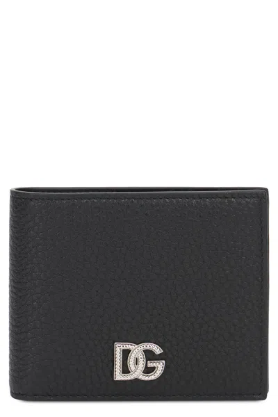 Dolce & Gabbana Minimalist Logo Wallet In Calfskin With Luminous Front Detail In Black