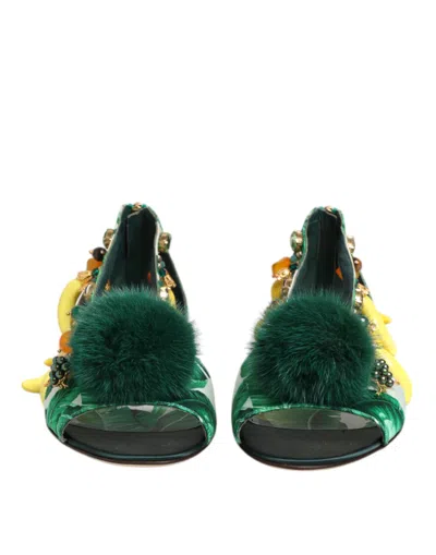 Dolce & Gabbana Mink Fur-trimmed Banana Leaf Satin Heel Sandal In Multi