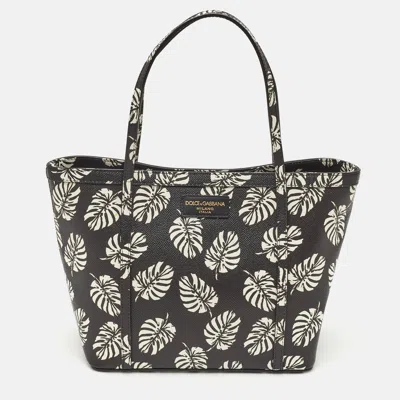 Pre-owned Dolce & Gabbana Miss Escape Black/white Leaf Printed Leather Tote