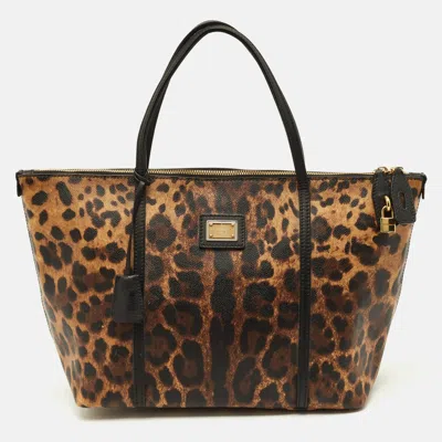 Pre-owned Dolce & Gabbana Miss Escape Brown/black Leopard Print Coated Canvas Zip Tote
