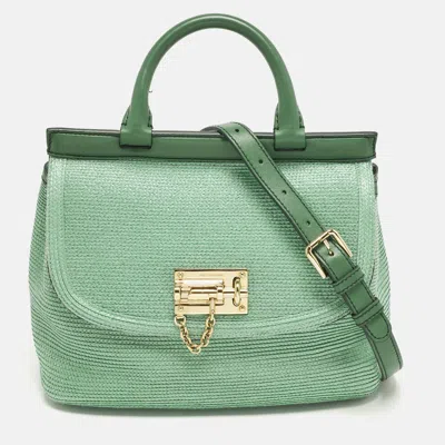 Pre-owned Dolce & Gabbana Miss Monica Green Leather And Raffia Top Handle Bag