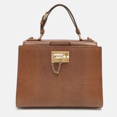 Pre-owned Dolce & Gabbana Miss Monica Medium Brown Lizard Embossed Leather Top Handle Bag