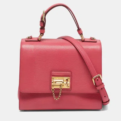 Pre-owned Dolce & Gabbana Miss Monica Medium Pink Lizard Embossed Leather Top Handle Bag