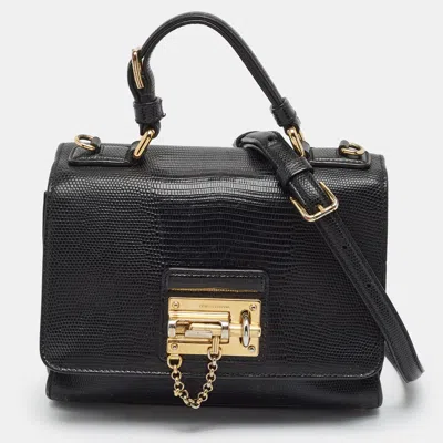 Pre-owned Dolce & Gabbana Miss Monica Small Black Lizard Embossed Leather Top Handle Bag
