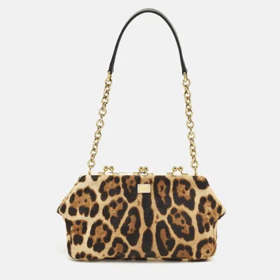 Pre-owned Dolce & Gabbana Miss Norma Brown/beige Leopard Print Calf Hair Clutch