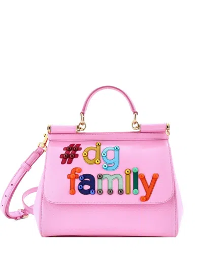 Pre-owned Dolce & Gabbana Miss Sicily Bag Embellished Printed Leather Medium Satchel In Pink