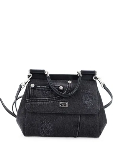 Pre-owned Dolce & Gabbana Miss Sicily Bag Patchwork Denim Medium Satchel In Black