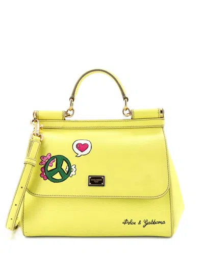 Pre-owned Dolce & Gabbana Miss Sicily Bag Printed Leather Medium Satchel In Yellow