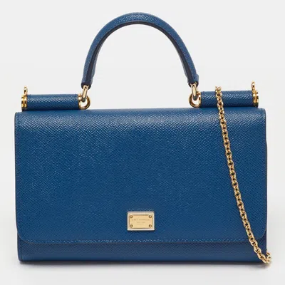 Pre-owned Dolce & Gabbana Miss Sicily Blue Leather Wallet On Chain