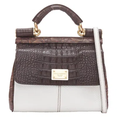 Pre-owned Dolce & Gabbana Dolce Gabbana Miss Sicily Brown White Mixed Scaled Leather Crossbody Bag