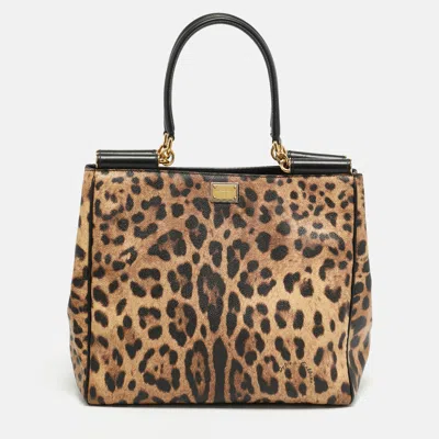 Pre-owned Dolce & Gabbana Miss Sicily Brown/black Leopard Print Coated Canvas And Leather Shopper Tote