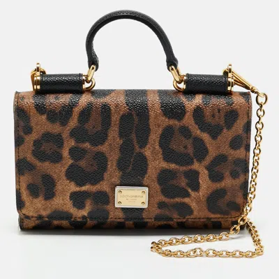Pre-owned Dolce & Gabbana Miss Sicily Brown/black Leopard Print Coated Canvas Wallet On Chain