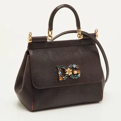 Pre-owned Dolce & Gabbana Miss Sicily Burgundy Small Lizard Embossed Leather Top Handle Bag