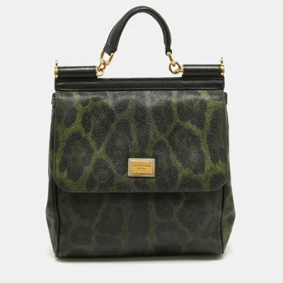 Pre-owned Dolce & Gabbana Miss Sicily Green/black Leopard Print Coated Canvas And Leather Tote