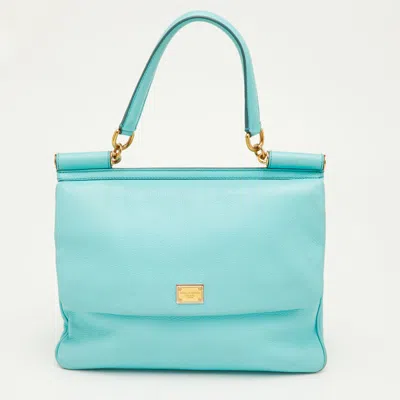 Pre-owned Dolce & Gabbana Miss Sicily Large Aqua Blue Leather Top Handle Bag