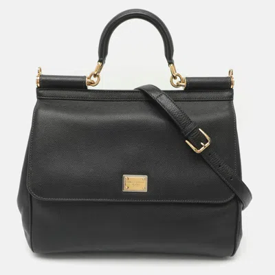 Pre-owned Dolce & Gabbana Miss Sicily Large Black Leather Top Handle Bag