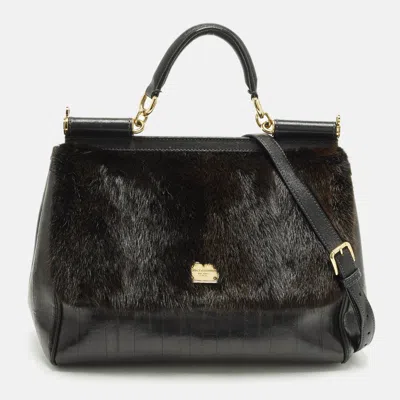 Pre-owned Dolce & Gabbana Miss Sicily Large Black/brown Eel Leather And Mink Fur Top Handle Bag