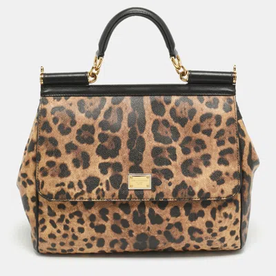 Pre-owned Dolce & Gabbana Miss Sicily Large Brown/black Leopard Print Coated Canvas Top Handle Bag