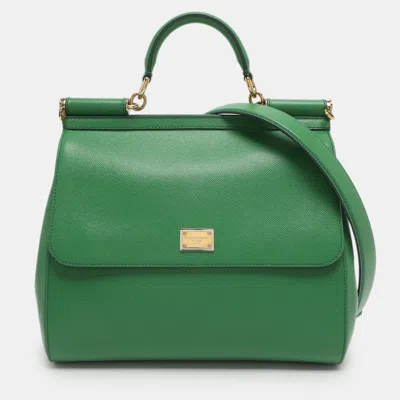 Pre-owned Dolce & Gabbana Miss Sicily Large Green Leather Top Handle Bag