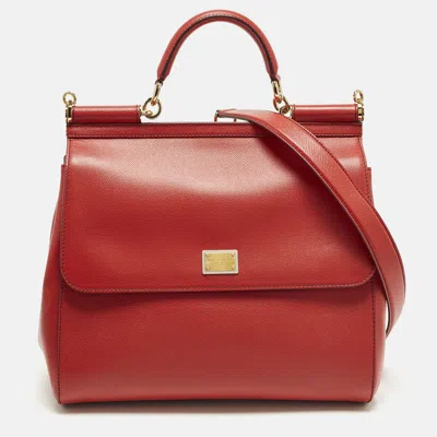 Pre-owned Dolce & Gabbana Miss Sicily Large Red Leather Top Handle Bag
