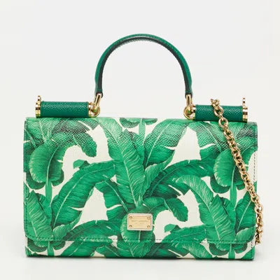 Pre-owned Dolce & Gabbana Miss Sicily Leaf Print Leather Wallet On Chain In Green