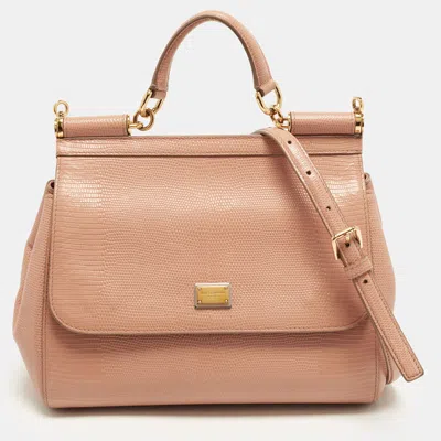 Pre-owned Dolce & Gabbana Miss Sicily Medium Beige Lizard Embossed Leather Top Handle Bag In Sand