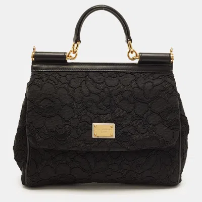 Pre-owned Dolce & Gabbana Miss Sicily Medium Black Lace Top Handle Bag