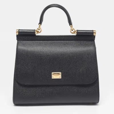 Pre-owned Dolce & Gabbana Miss Sicily Medium Black Leather Top Handle Bag