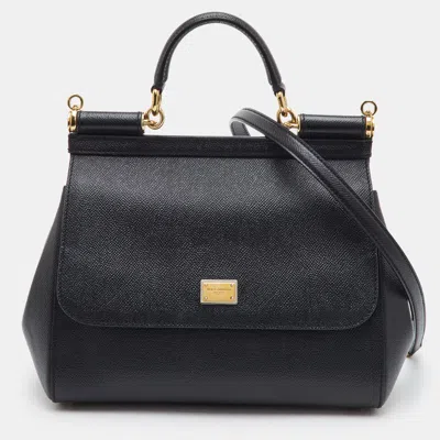 Pre-owned Dolce & Gabbana Miss Sicily Medium Black Leather Top Handle Bag