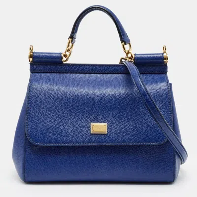 Pre-owned Dolce & Gabbana Miss Sicily Medium Blue Leather Top Handle Bag