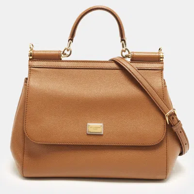 Pre-owned Dolce & Gabbana Miss Sicily Medium Brown Leather Top Handle Bag
