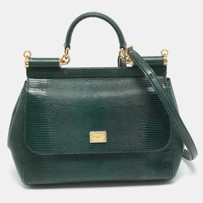 Pre-owned Dolce & Gabbana Miss Sicily Medium Green Lizard Embossed Leather Top Handle Bag