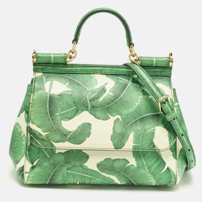 Pre-owned Dolce & Gabbana Miss Sicily Medium Green/white Leather Banana Leaf Print Top Handle Bag