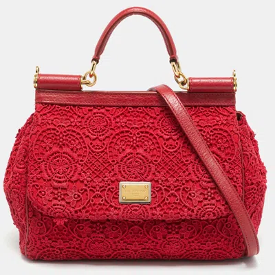 Pre-owned Dolce & Gabbana Miss Sicily Medium Red Floral Crochet Canvas Top Handle Bag