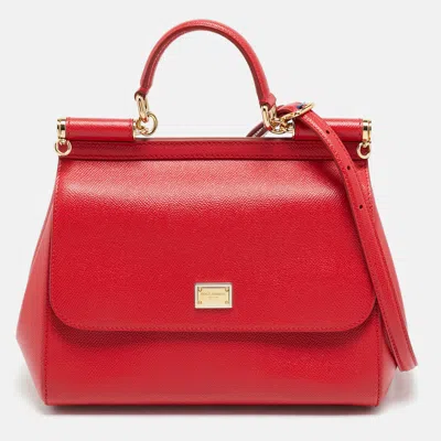 Pre-owned Dolce & Gabbana Miss Sicily Medium Red Leather Top Handle Bag