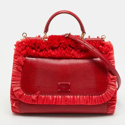 Pre-owned Dolce & Gabbana Miss Sicily Medium Red Lizard Embossed Leather And Raffia Trim Top Handle Bag