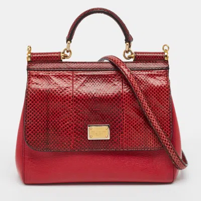 Pre-owned Dolce & Gabbana Miss Sicily Medium Red Snakeskin And Leather Top Handle Bag