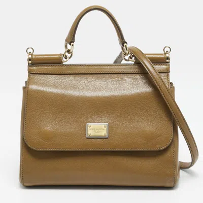 Pre-owned Dolce & Gabbana Miss Sicily Medium Tan Leather Top Handle Bag In Brown