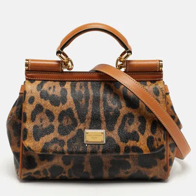 Pre-owned Dolce & Gabbana Miss Sicily Medium Tan Leopard Print Coated Canvas And Leather Top Handle Bag In Brown