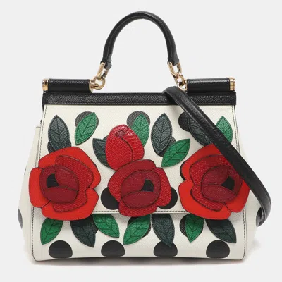 Pre-owned Dolce & Gabbana Miss Sicily Medium White/black Polka Dot Leather Floral Applique Top Handle Bag