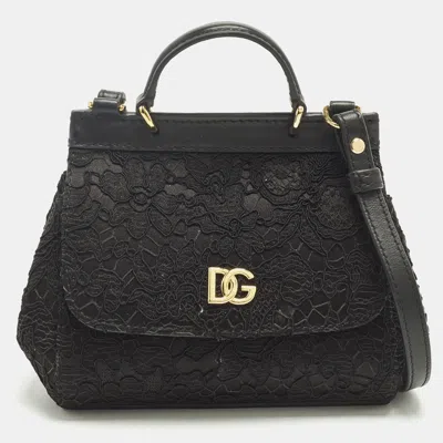 Pre-owned Dolce & Gabbana Miss Sicily Micro Black Lace And Leather Top Handle Bag