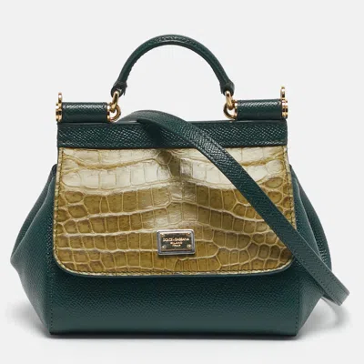 Pre-owned Dolce & Gabbana Miss Sicily Micro Two Tone Green Leather And Croc Top Handle Bag