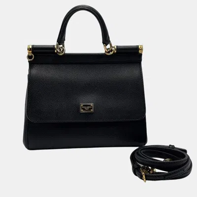Pre-owned Dolce & Gabbana Miss Sicily Small Black Grain Leather Top Handle Bag