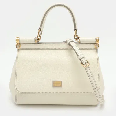 Pre-owned Dolce & Gabbana Miss Sicily Small Cream Leather Top Handle Bag In White